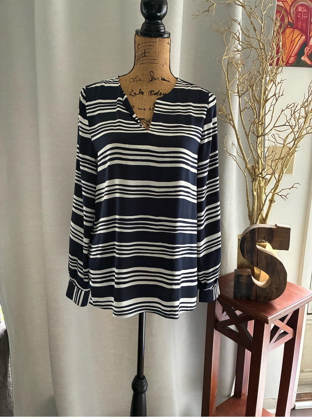 Ann Taylor Navy & White Striped V-Notch Long-Sleeve Top